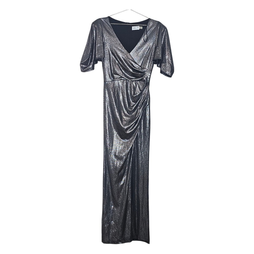 Eliza J Metallic Gown Maxi Dress Gray V Neck Size 8 Women's Lined Designer
